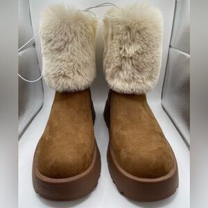 New Guess Faux Leather Fur Brown Bling Ankle Booties Logo Rhinestones Womens 5
